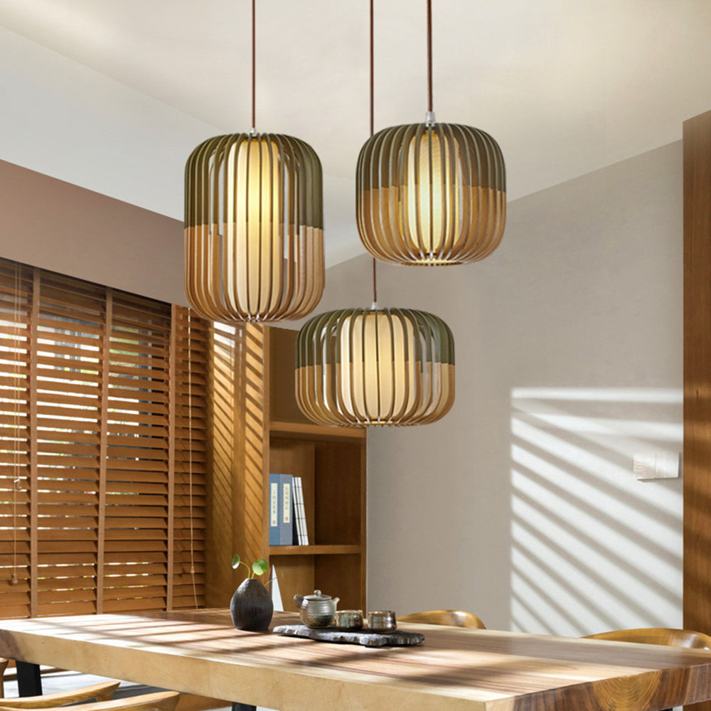 Muto Suspension cylindre Rustique, Bois/Tissu, Vert/Marron, Chamber à Coucher - Neutralighting