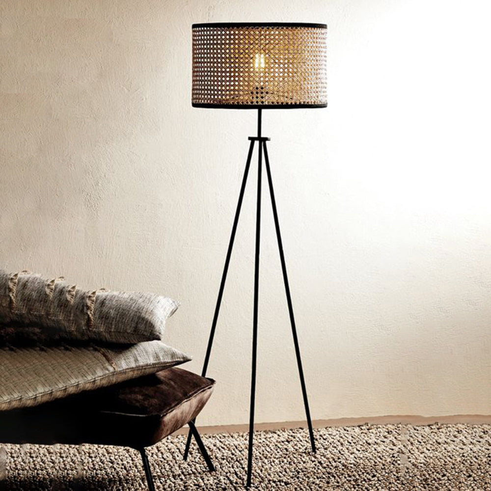 Ritta Lampadaire Trépied Moderne, Métal/Rotin, Bois, Salon - Neutralighting