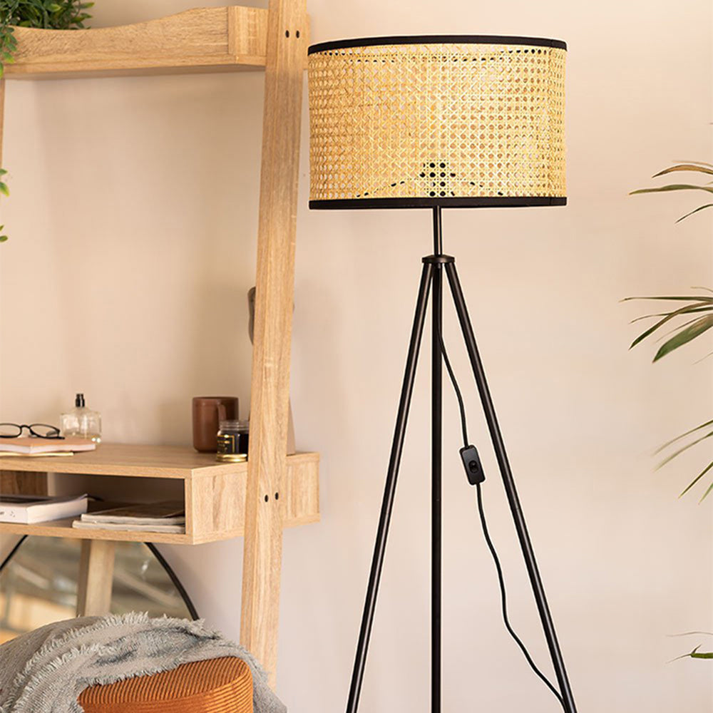 Ritta Lampadaire Trépied Moderne, Métal/Rotin, Bois, Salon - Neutralighting