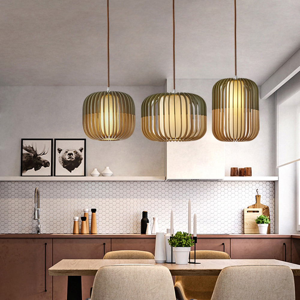 Muto Suspension cylindre Rustique, Bois/Tissu, Vert/Marron, Chamber à Coucher - Neutralighting