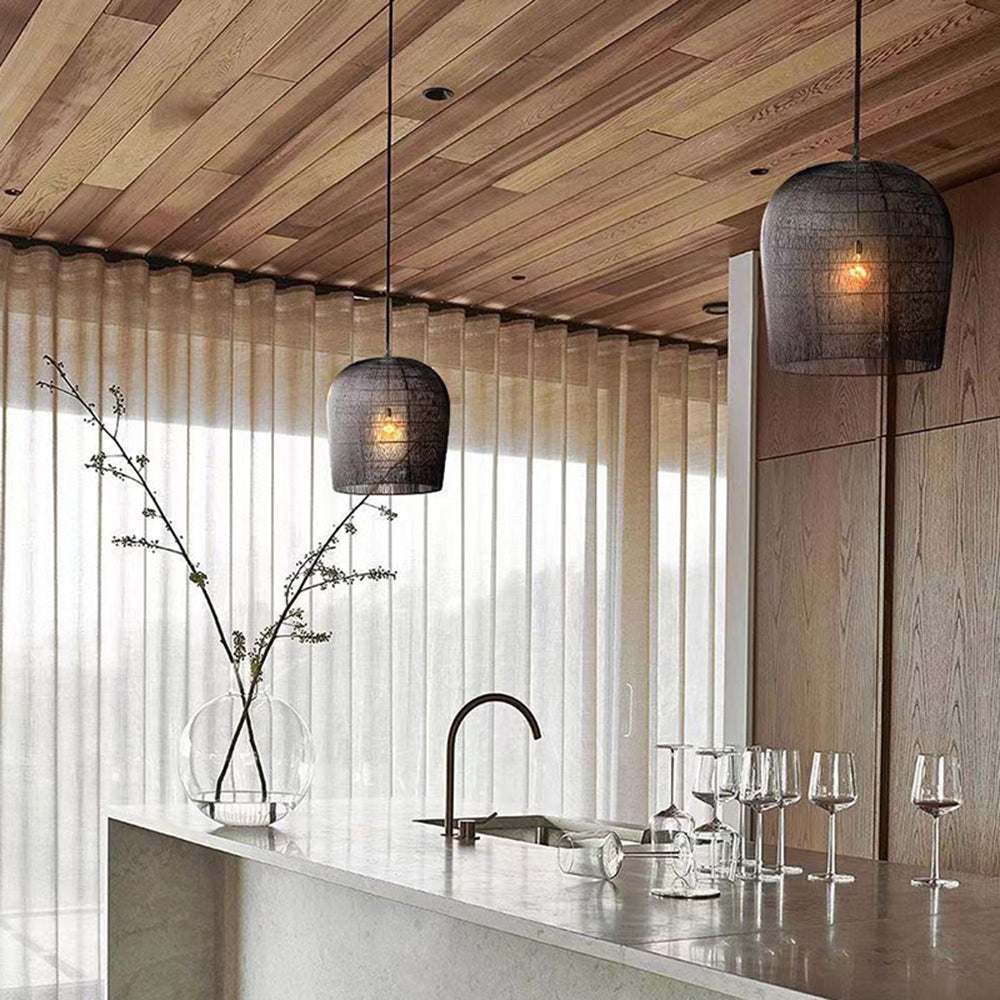 Ritta Suspension Cylindre Moderne, Metal/Rotin, Blanc/Noir, Salon - Neutralighting