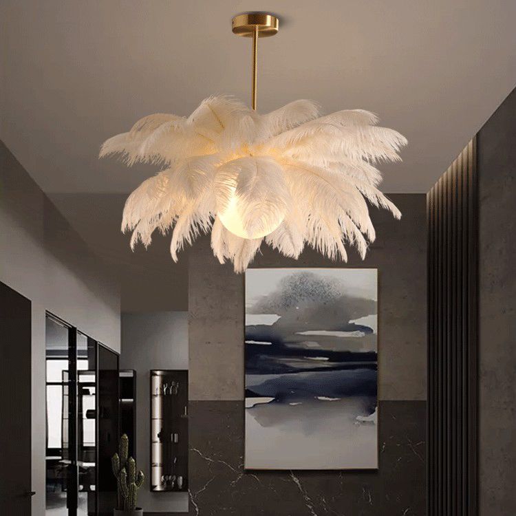 O'Moore Lustre Fleur Naturel Verre/Plume Blanc Salon - Neutralighting