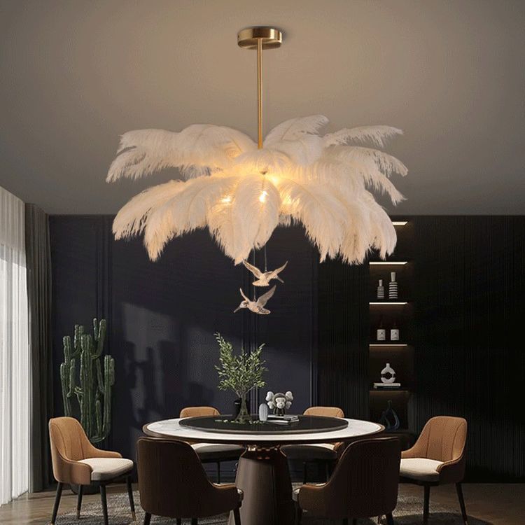 O'Moore Lustre Fleur Naturel Verre/Plume Blanc Salon - Neutralighting