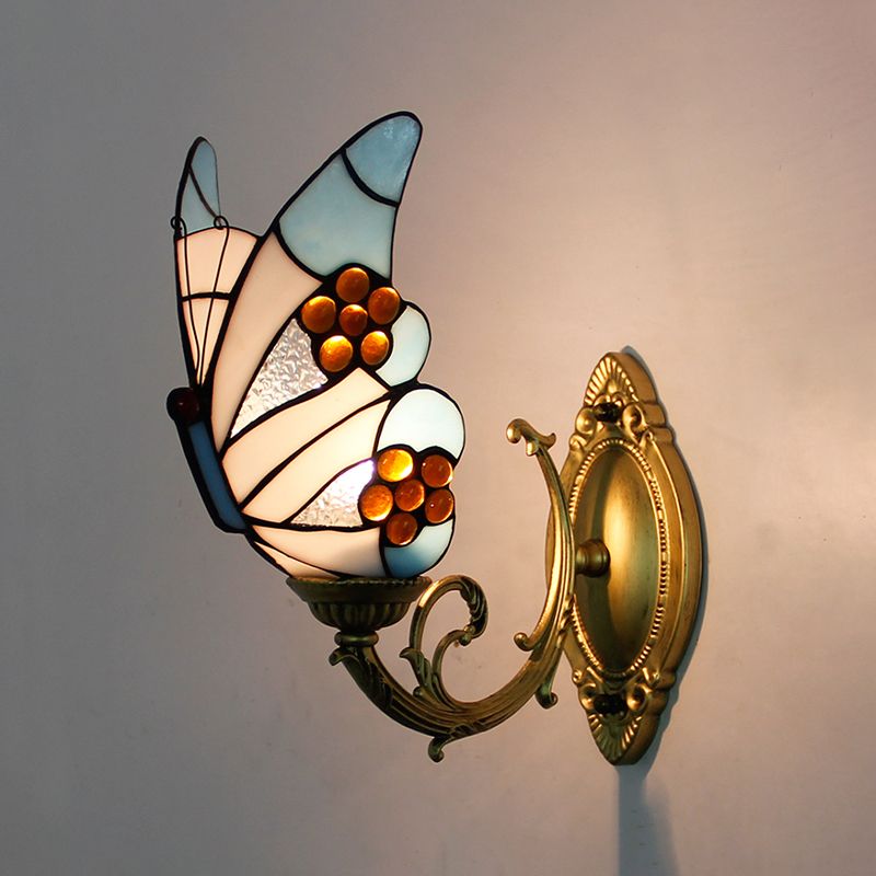Arisha Applique Murale Papillon Tiffany, Métal/Verre, Bleu/Rouge/Multi-Couleurs/Bleu Clair - Neutralighting