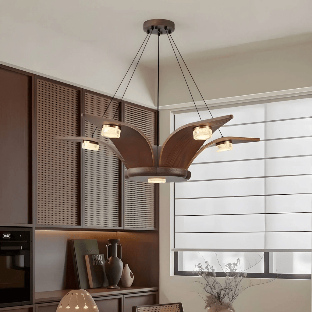Lustra Chandelier En Noyer Bois Cristal Sculptural - Neutralighting
