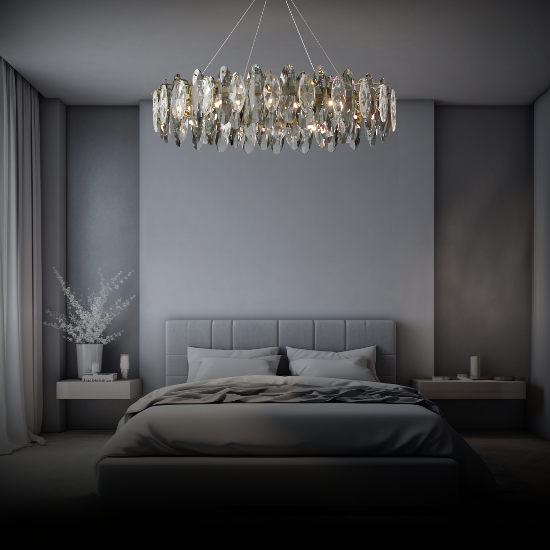 Kristy Design LED Lustre Verre/Métal Cristaux Dorés Salon/Chambre à Coucher - Neutralighting