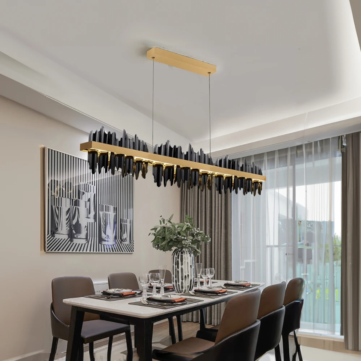 Kristy Lustre LED Rectangles Verre/Métal Noire Or Salon - Neutralighting
