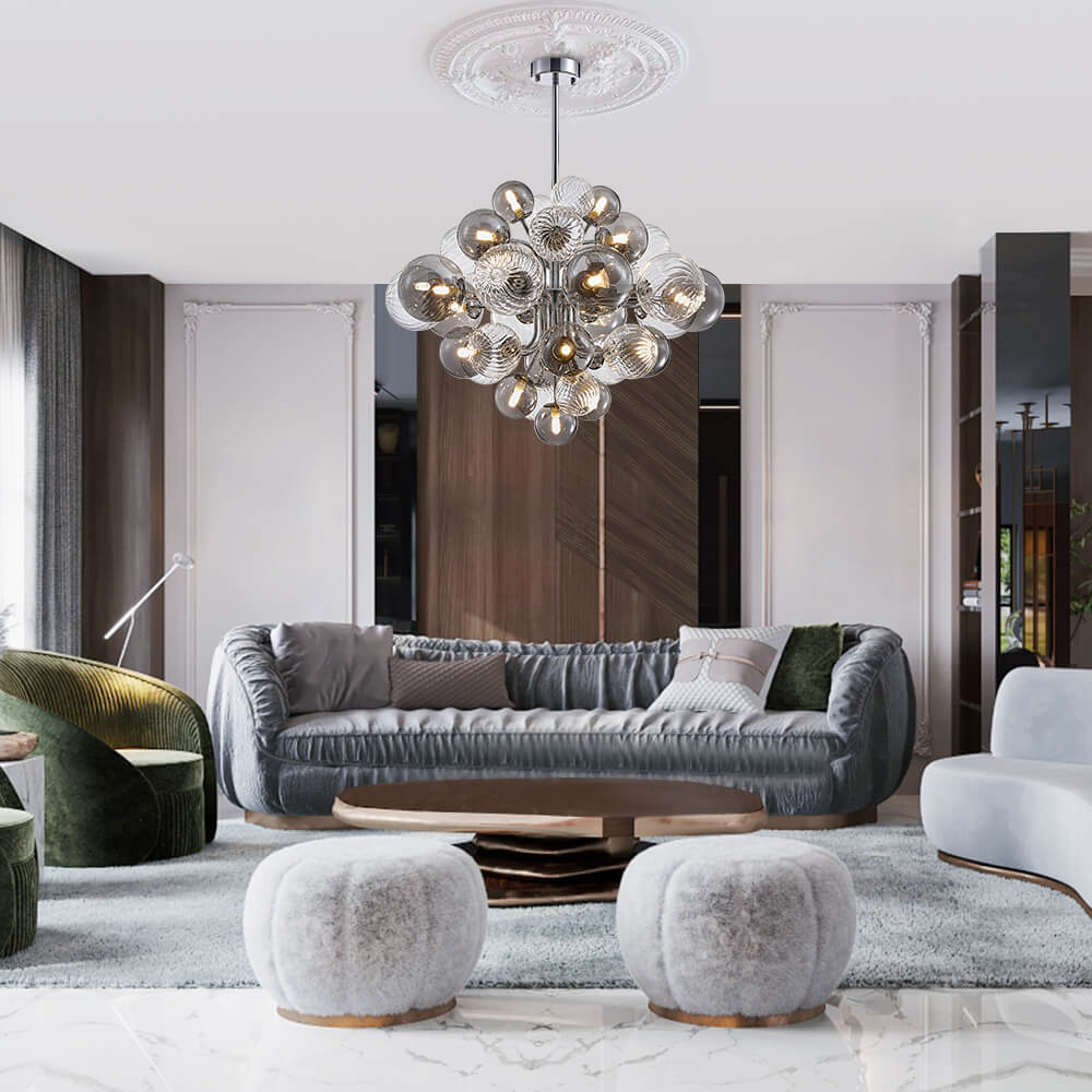 Valentina Lustre Moderne Bulle Grappe Argent Verre Métal Salon - Neutralighting