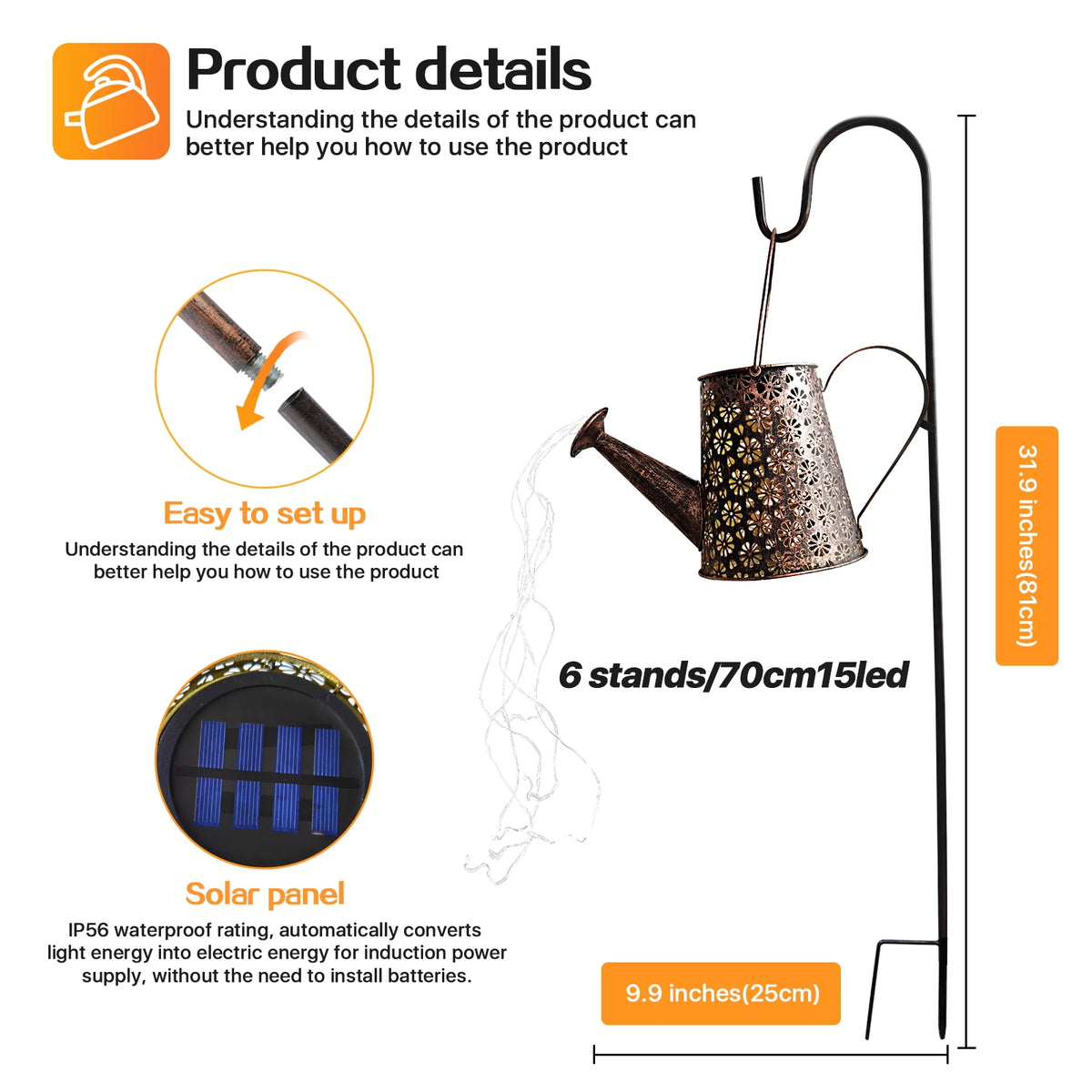 Arrosoir lumineux solaire LED à suspendre pour jardin – Soléane