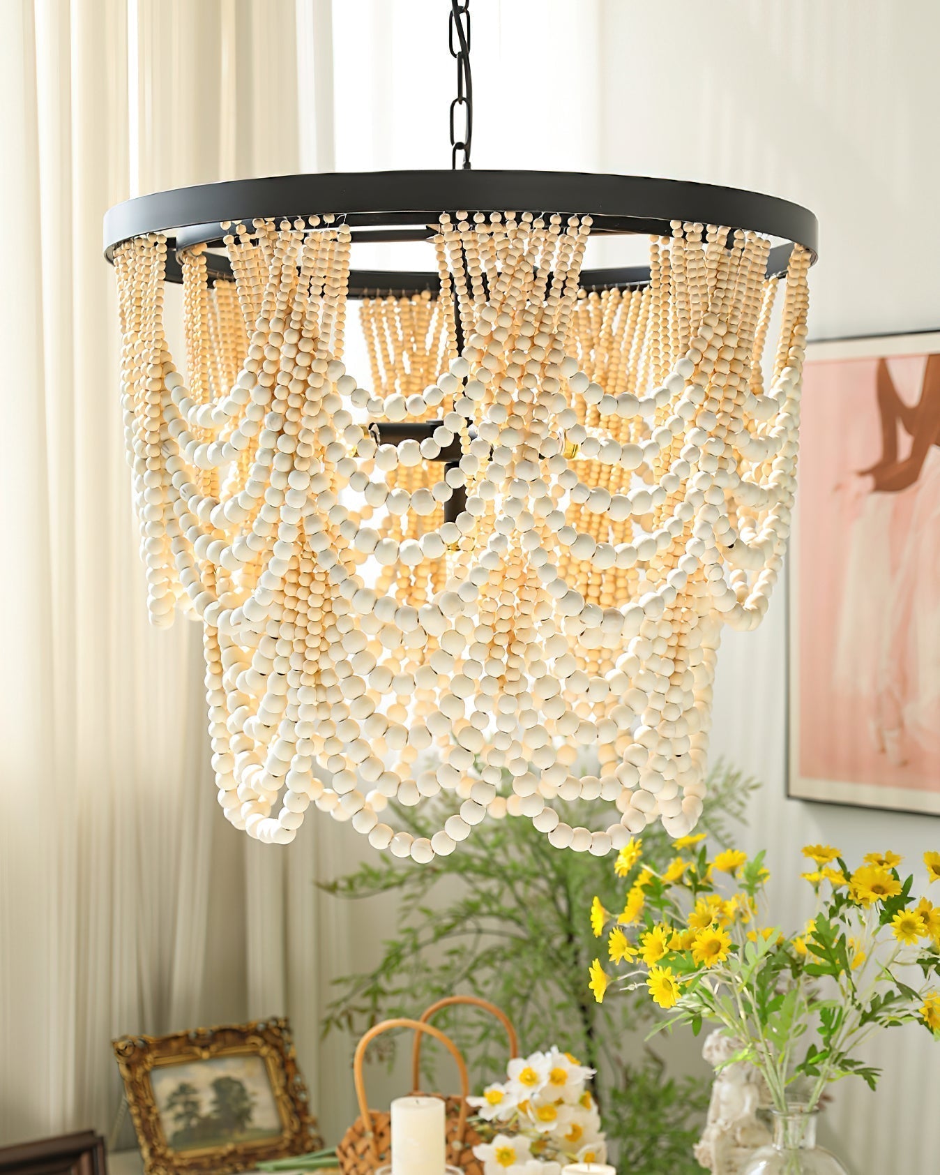 Amelia Lustre Perles de Bois Drapées Rustique - Neutralighting