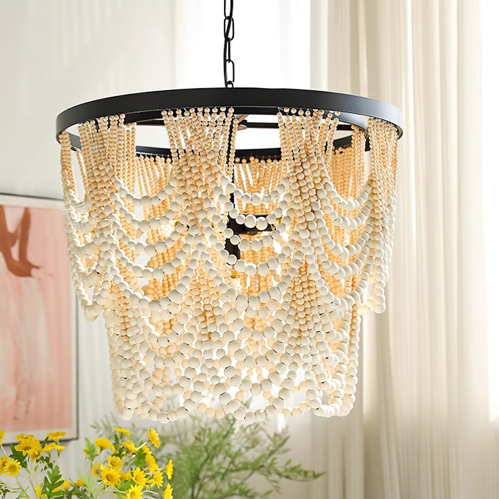 Amelia Lustre Perles de Bois Drapées Rustique - Neutralighting