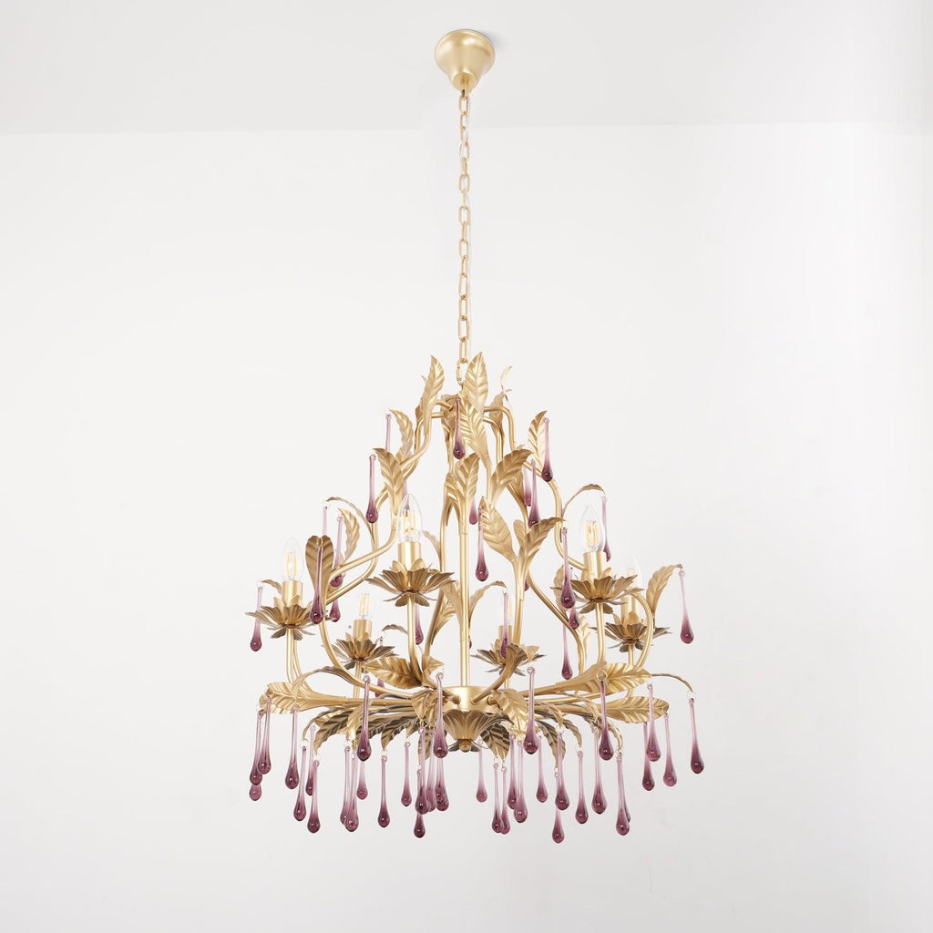 Murano Lustre Gouttes de Cristal Violet Feuilles Dorées - Neutralighting