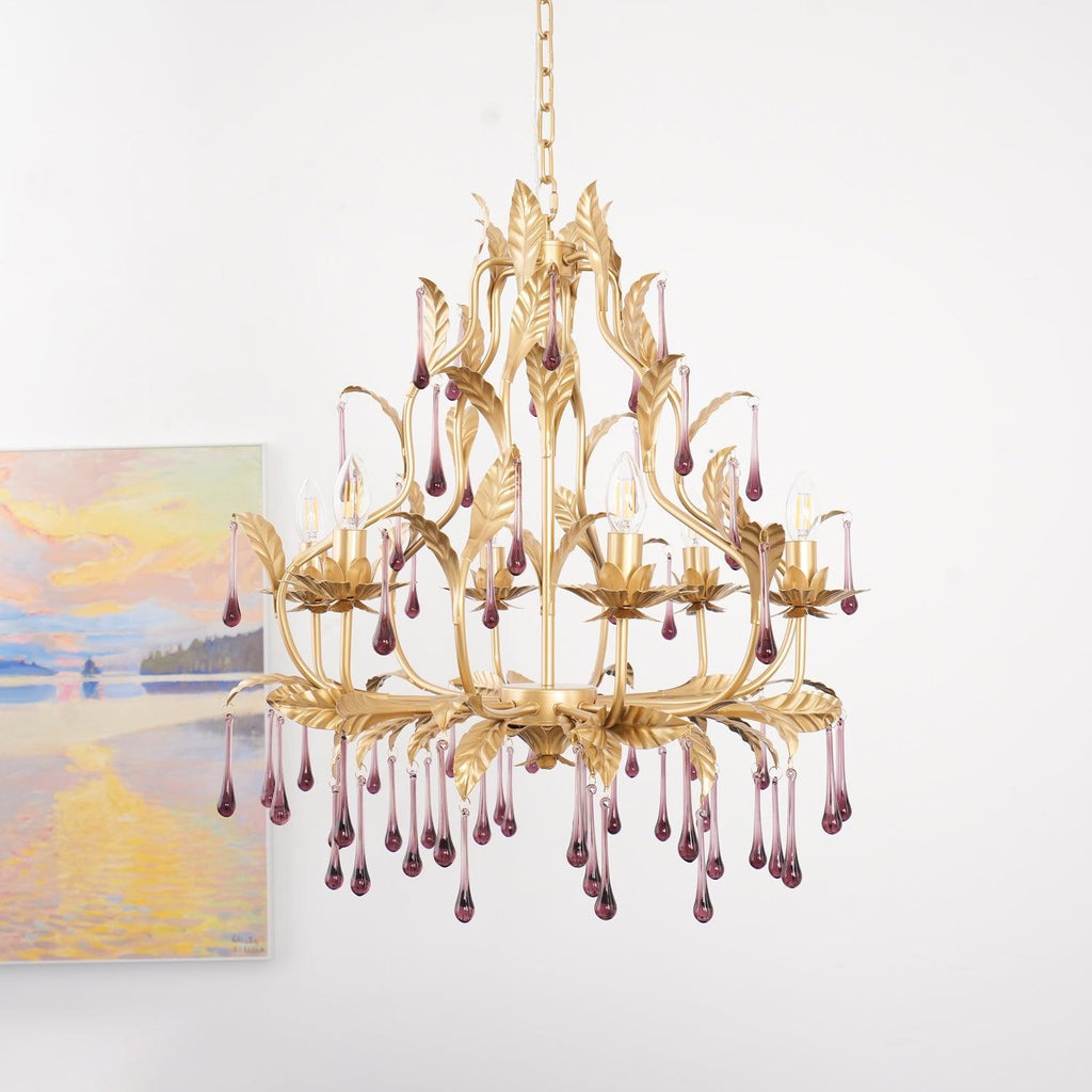 Murano Lustre Gouttes de Cristal Violet Feuilles Dorées - Neutralighting