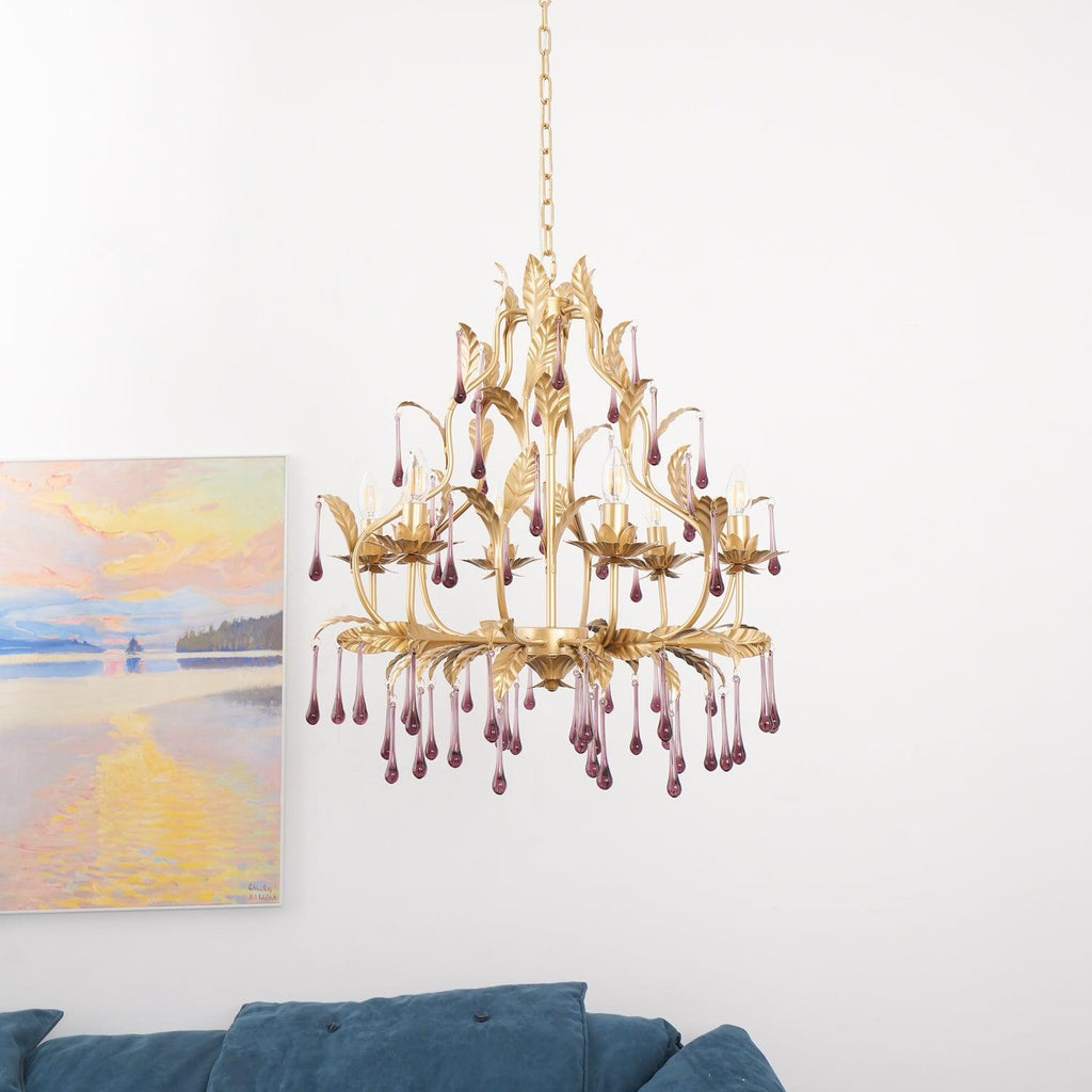Murano Lustre Gouttes de Cristal Violet Feuilles Dorées - Neutralighting