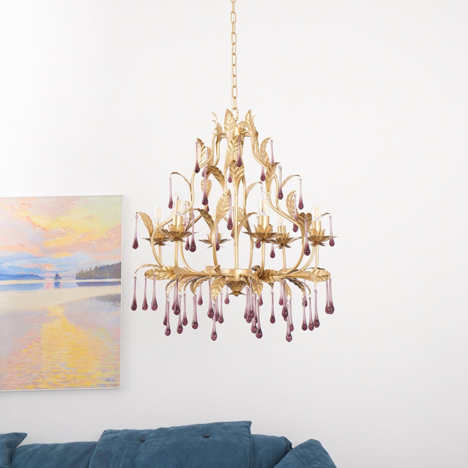 Murano Lustre Gouttes de Cristal Violet Feuilles Dorées - Neutralighting