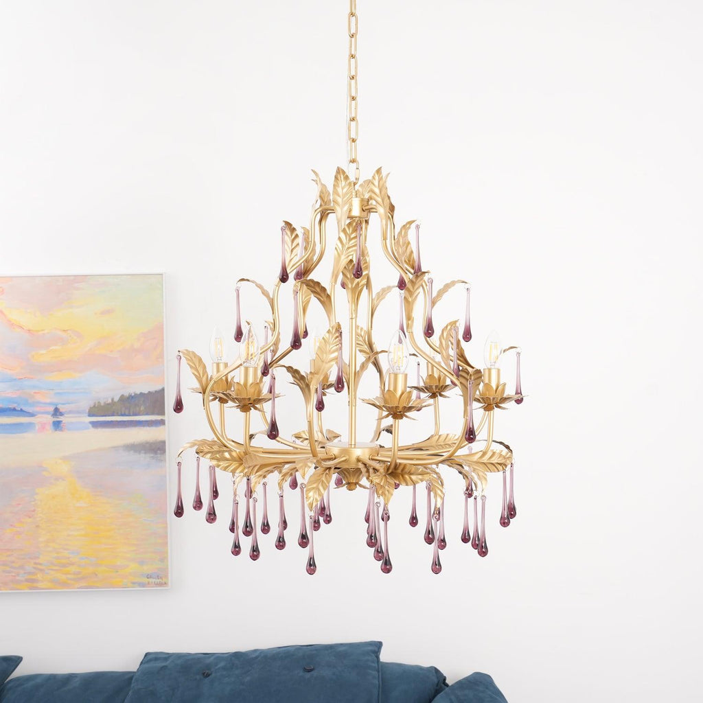 Murano Lustre Gouttes de Cristal Violet Feuilles Dorées - Neutralighting