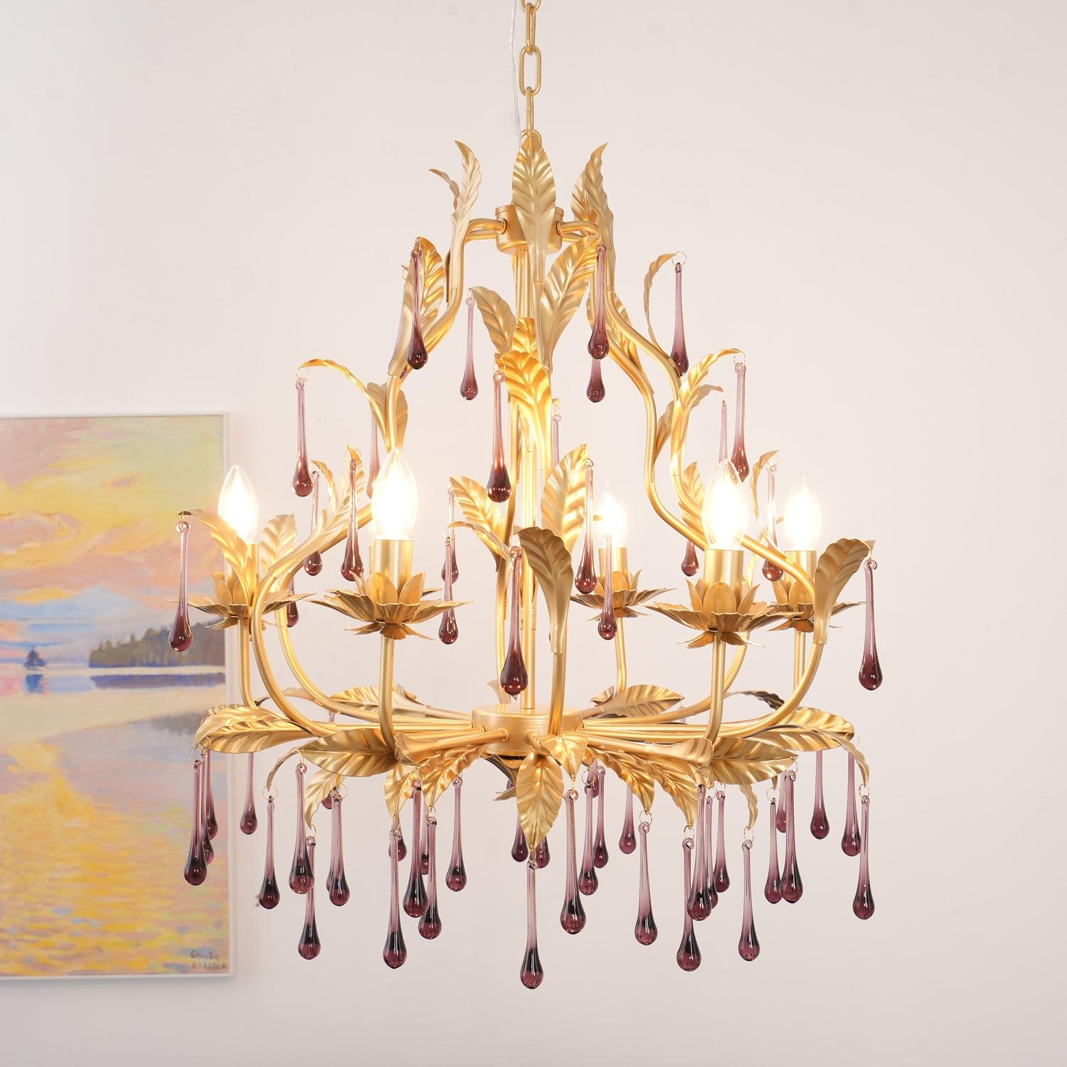 Murano Lustre Gouttes de Cristal Violet Feuilles Dorées - Neutralighting