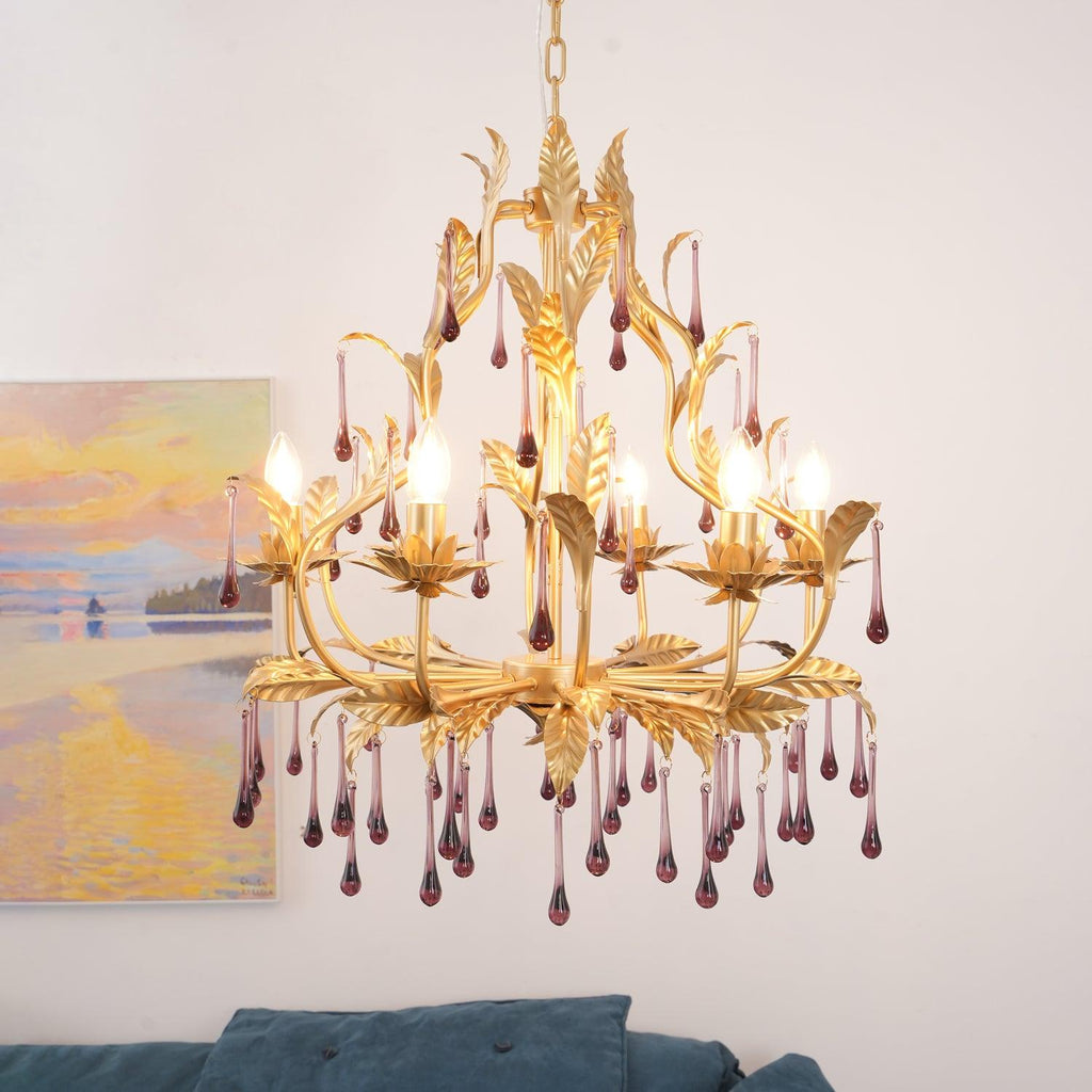 Lustra Lustre Murano Violet Feuilles Dorées Cristal Élégance - Neutralighting