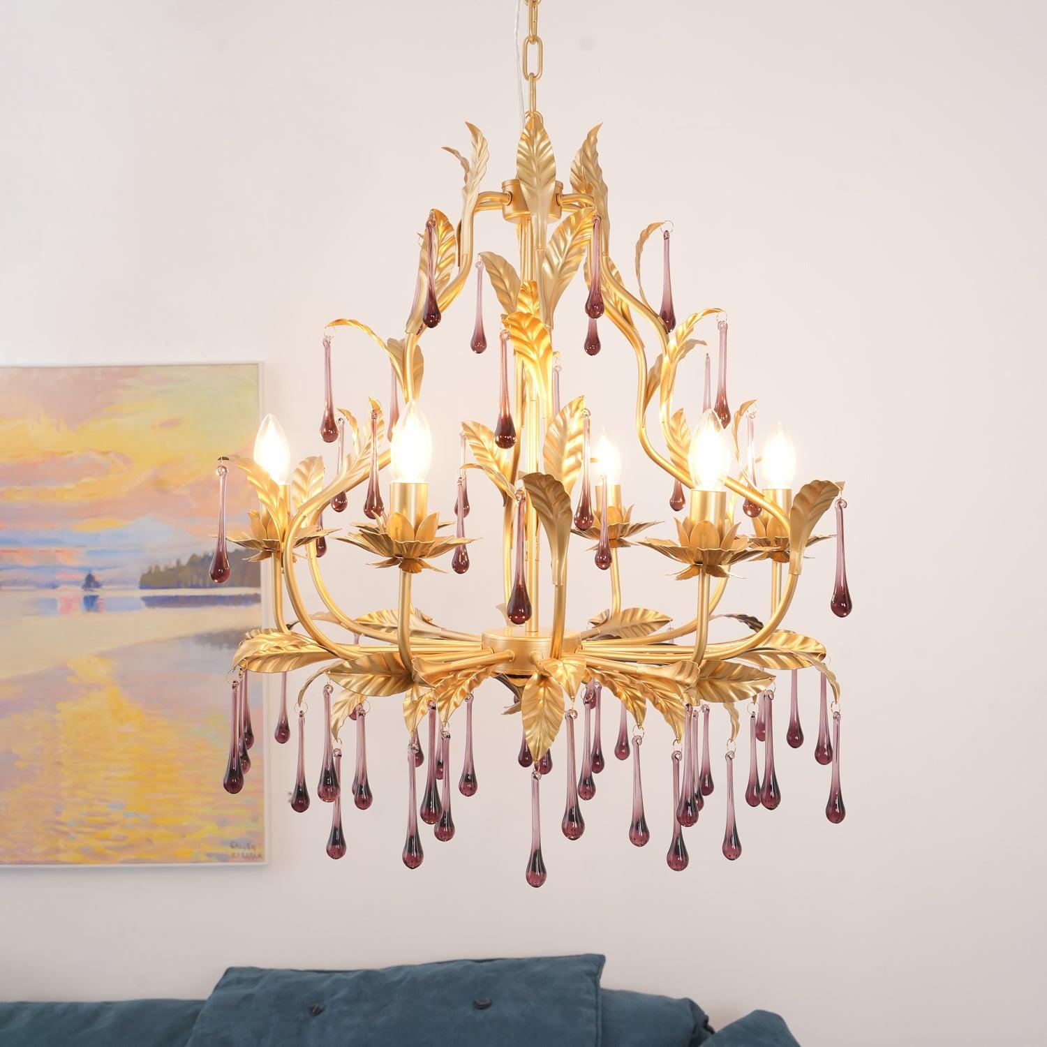 Lustra Lustre Murano Violet Feuilles Dorées Cristal Élégance - Neutralighting