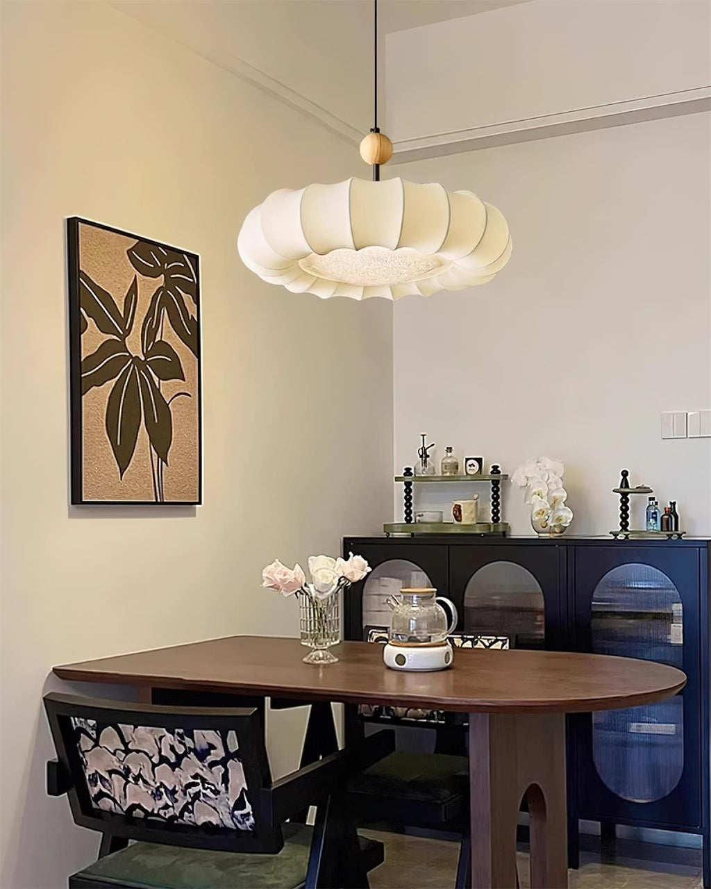 Virelli Lampe Pendante Abat-jour en Tissu Pétale Perle en Bois Wabi-Sabi Organique Cozy - Neutralighting