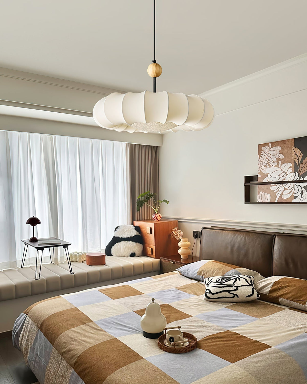 Virelli Lampe Pendante Abat-jour en Tissu Pétale Perle en Bois Wabi-Sabi Organique Cozy - Neutralighting