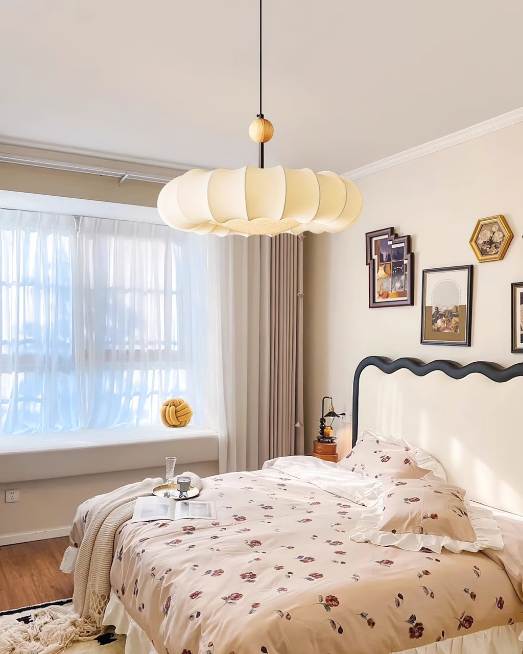 Virelli Lampe Pendante Abat-jour en Tissu Pétale Perle en Bois Wabi-Sabi Organique Cozy - Neutralighting