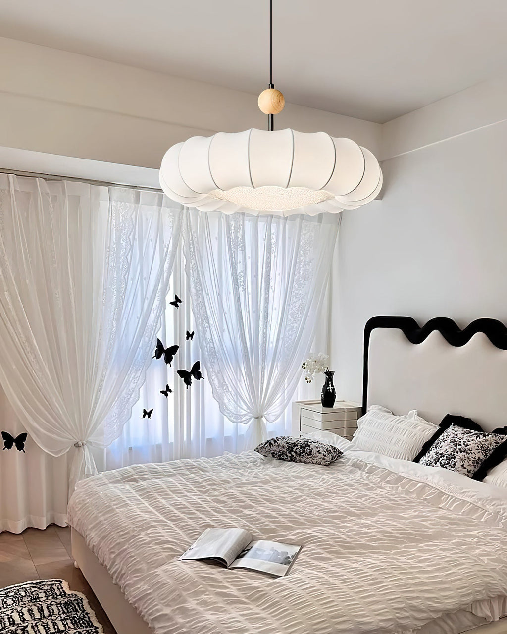 Virelli Lampe Pendante Abat-jour en Tissu Pétale Perle en Bois Wabi-Sabi Organique Cozy - Neutralighting