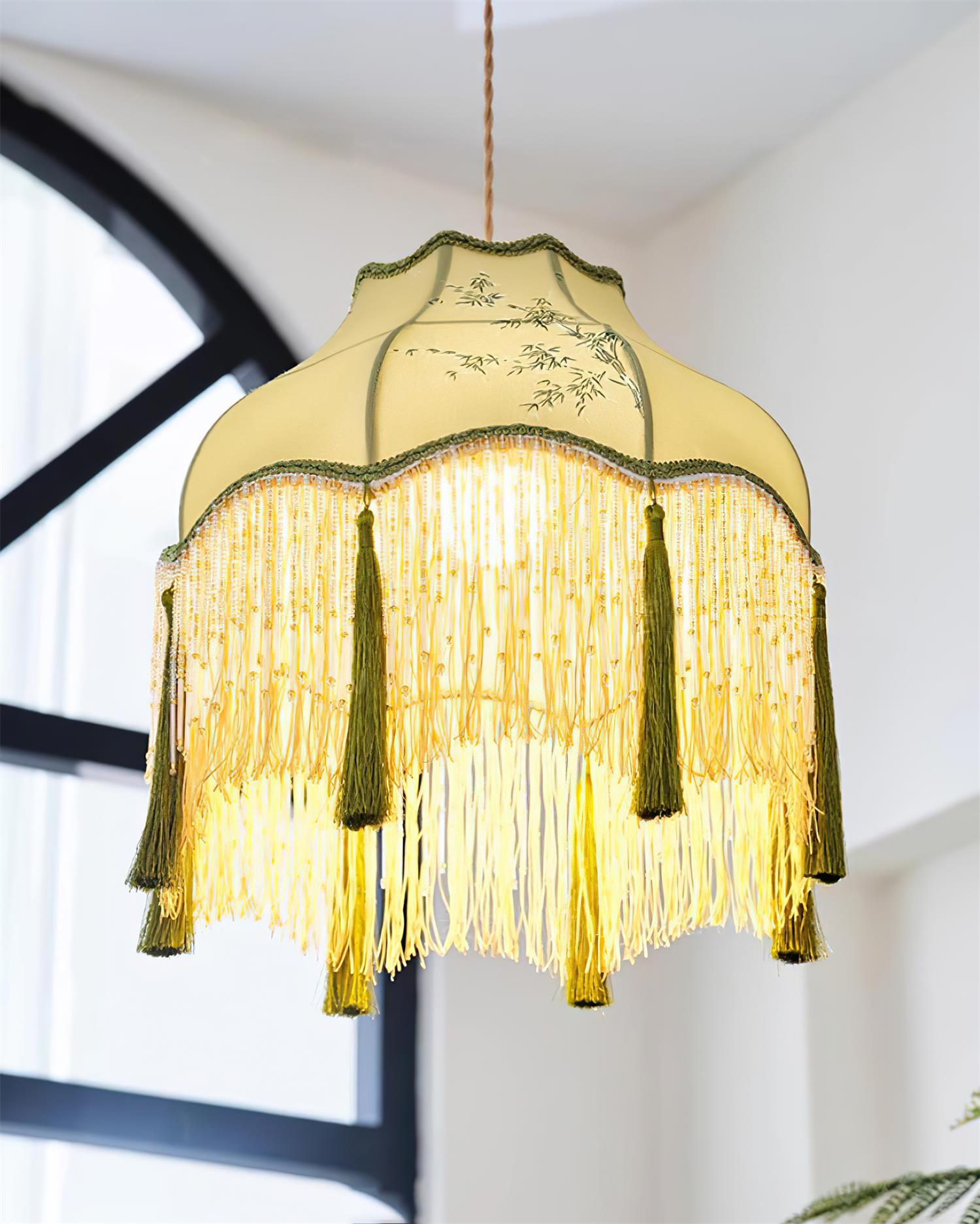 Angelika Suspension Lampe en Tissu Écaille Bambou Pompon - Neutralighting