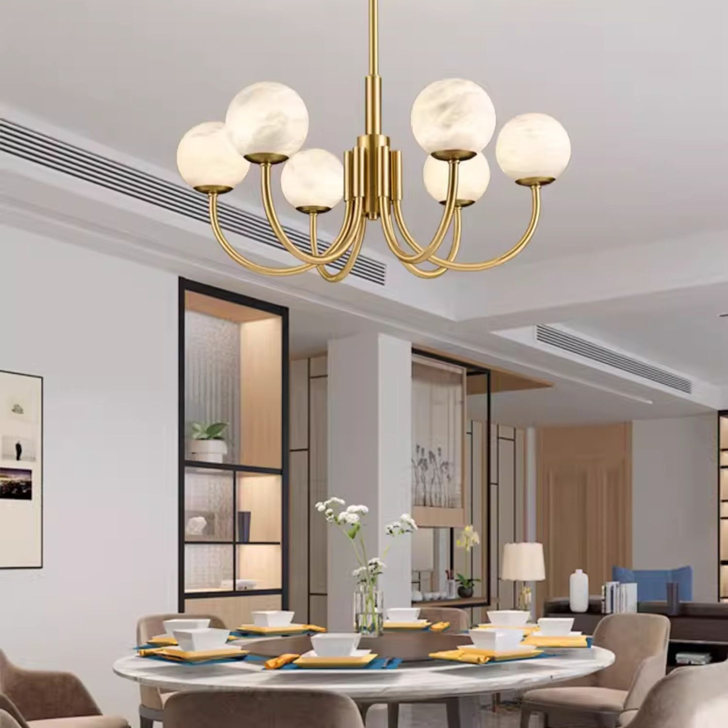 Mjolkuvys Moderne Minimaliste Globe Laiton Albâtre Lustre - Neutralighting