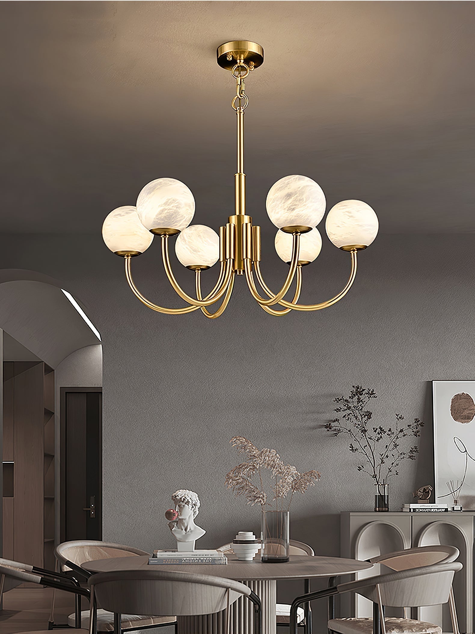 Mjolkuvys Moderne Minimaliste Globe Laiton Albâtre Lustre - Neutralighting