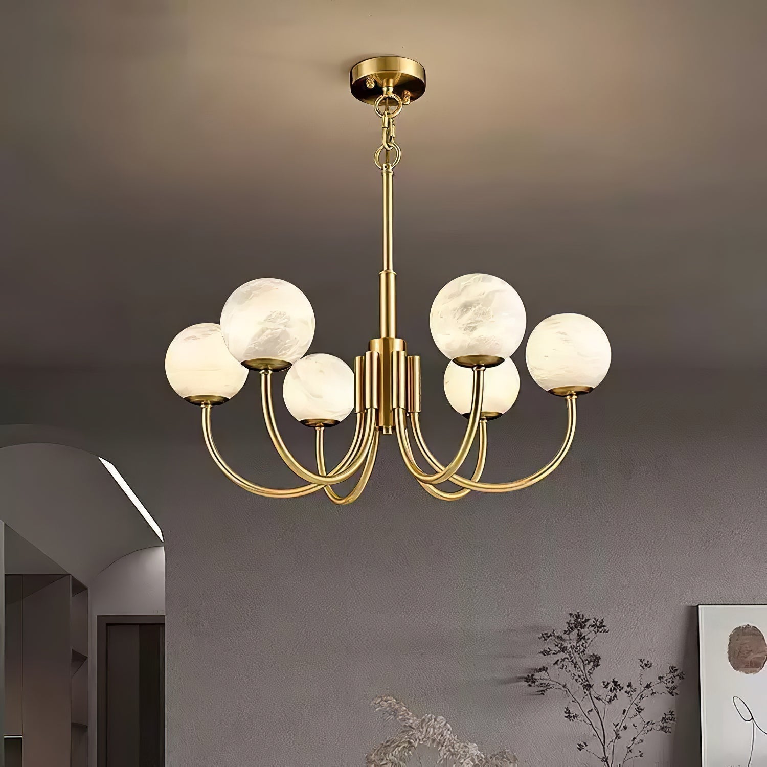 Mjolkuvys Moderne Minimaliste Globe Laiton Albâtre Lustre - Neutralighting