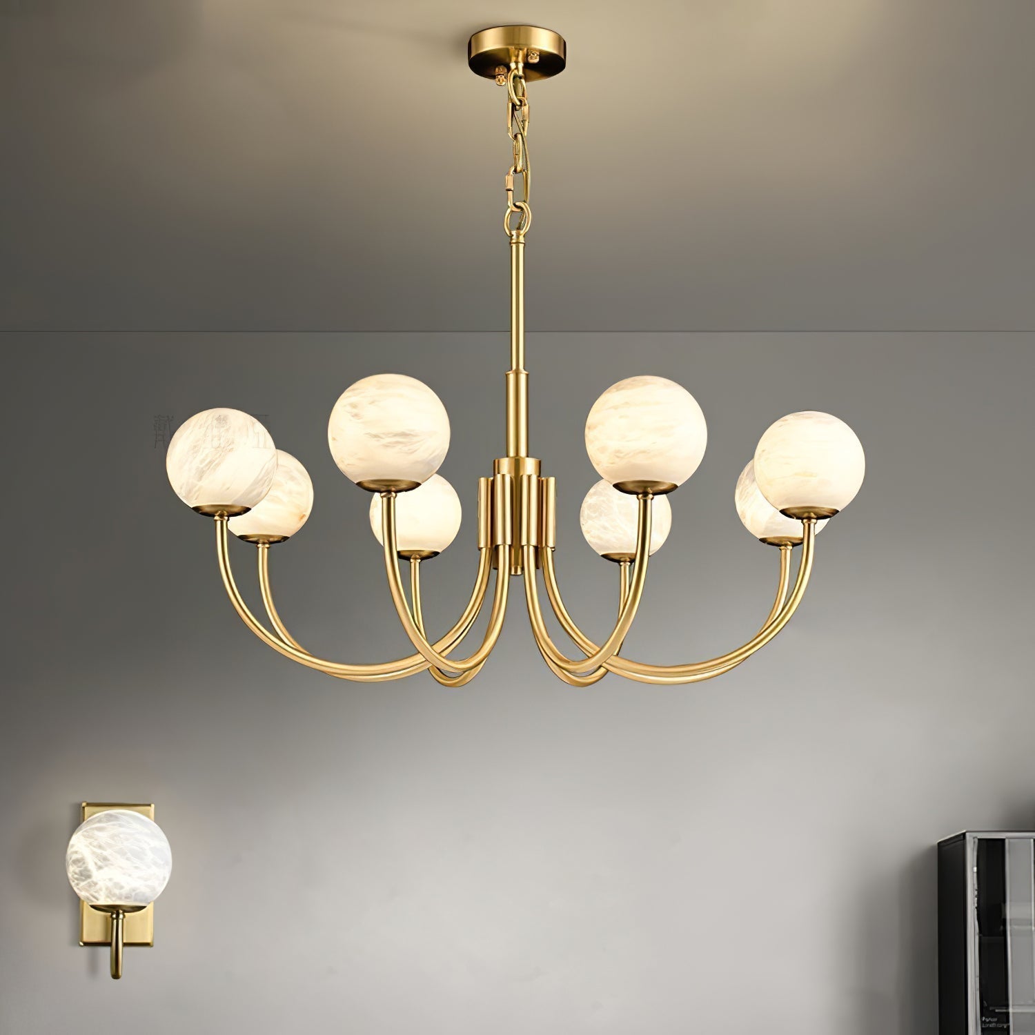 Mjolkuvys Moderne Minimaliste Globe Laiton Albâtre Lustre - Neutralighting