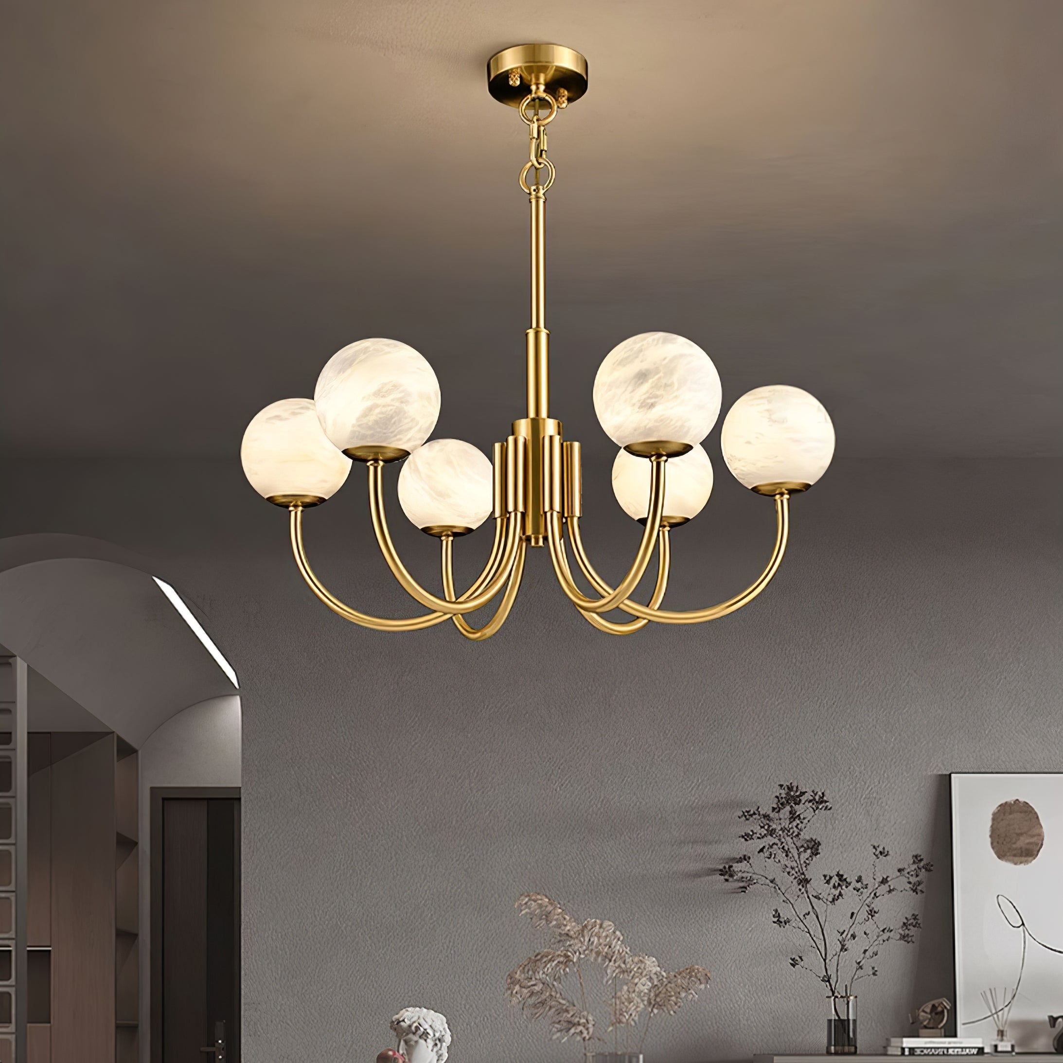 Mjolkuvys Moderne Minimaliste Globe Laiton Albâtre Lustre - Neutralighting