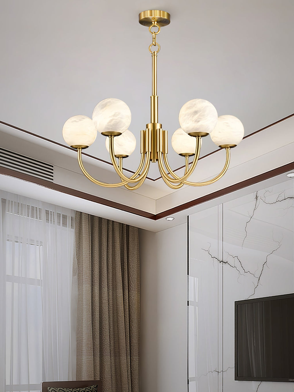 Mjolkuvys Moderne Minimaliste Globe Laiton Albâtre Lustre - Neutralighting