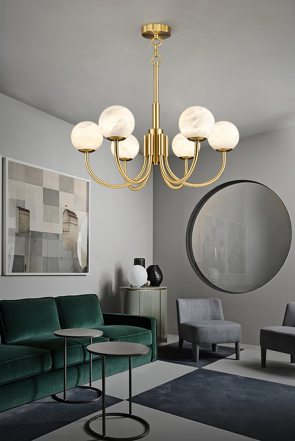 Mjolkuvys Moderne Minimaliste Globe Laiton Albâtre Lustre - Neutralighting
