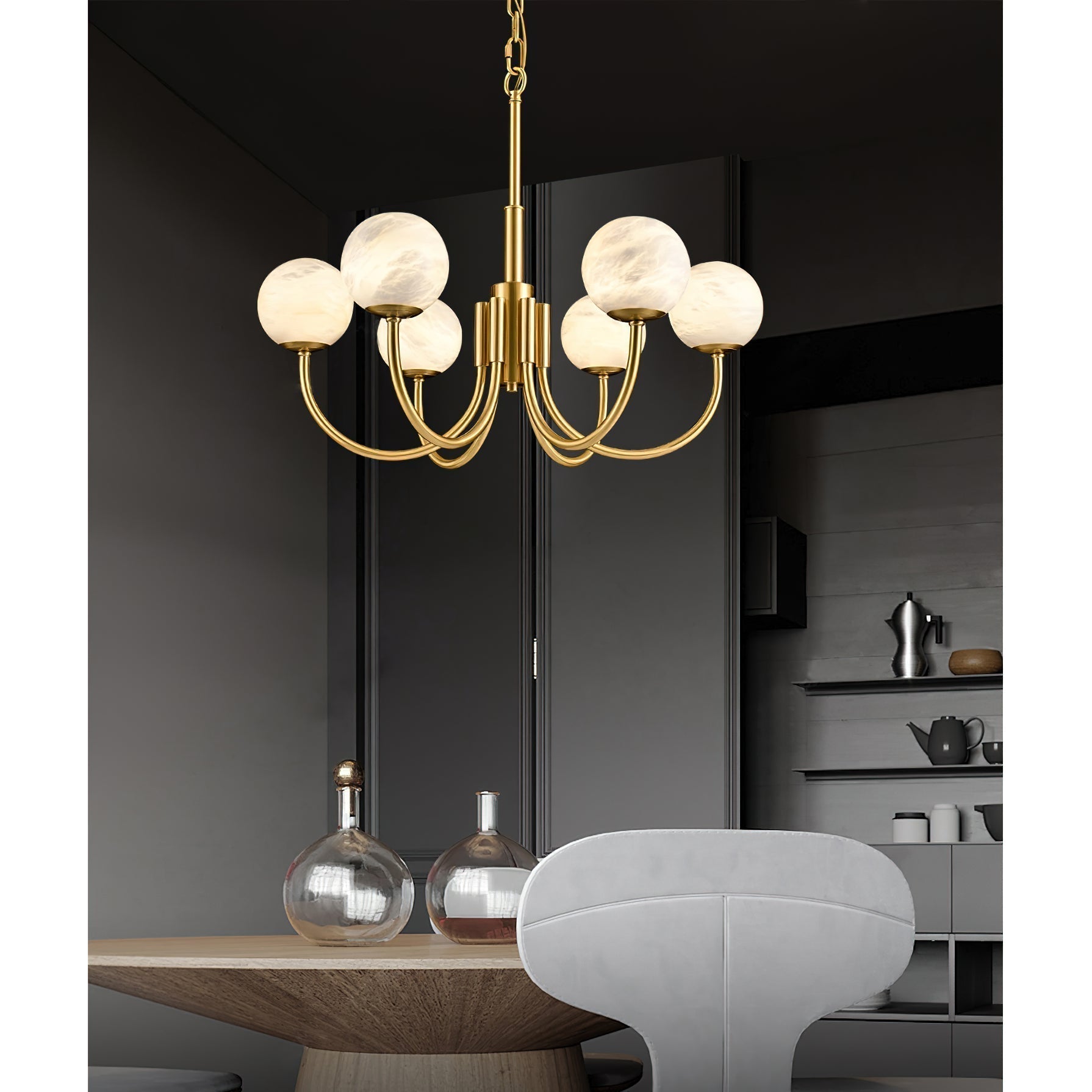 Mjolkuvys Moderne Minimaliste Globe Laiton Albâtre Lustre - Neutralighting