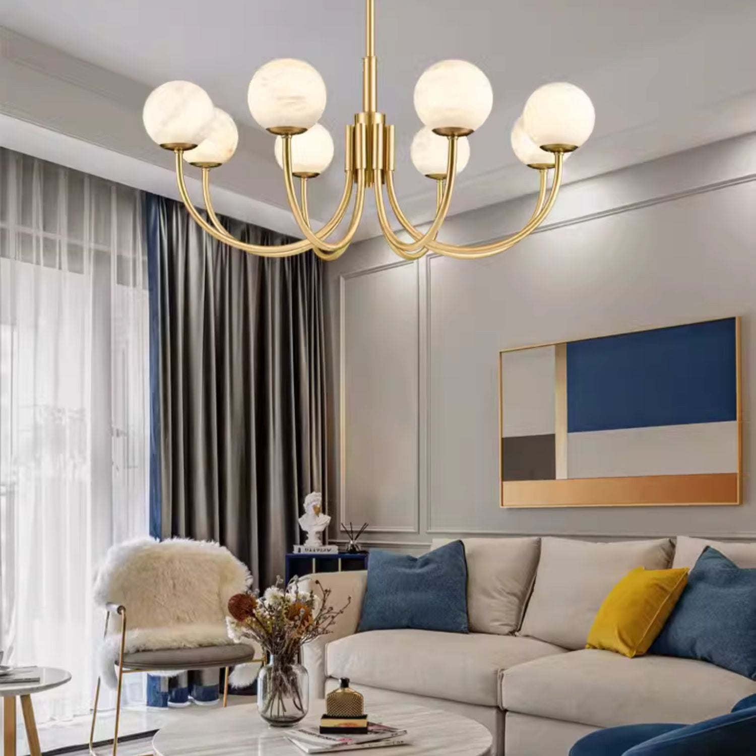 Mjolkuvys Moderne Minimaliste Globe Laiton Albâtre Lustre - Neutralighting