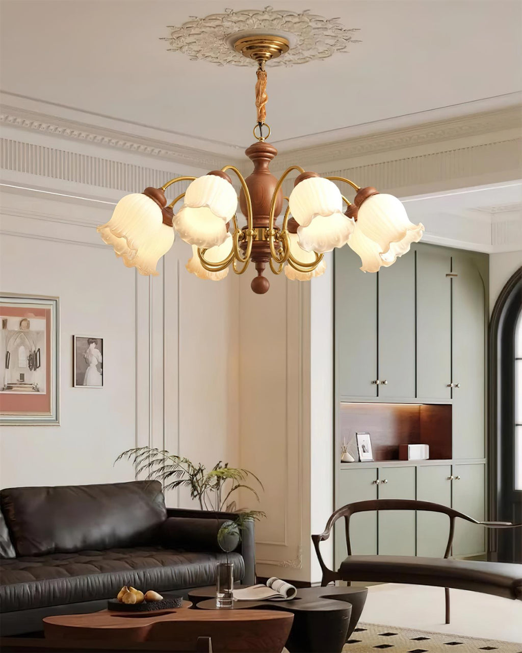Lustre Abat-jours en Verre Tulipe Cadre en Bois de Noyer Style Rustique - Neutralighting