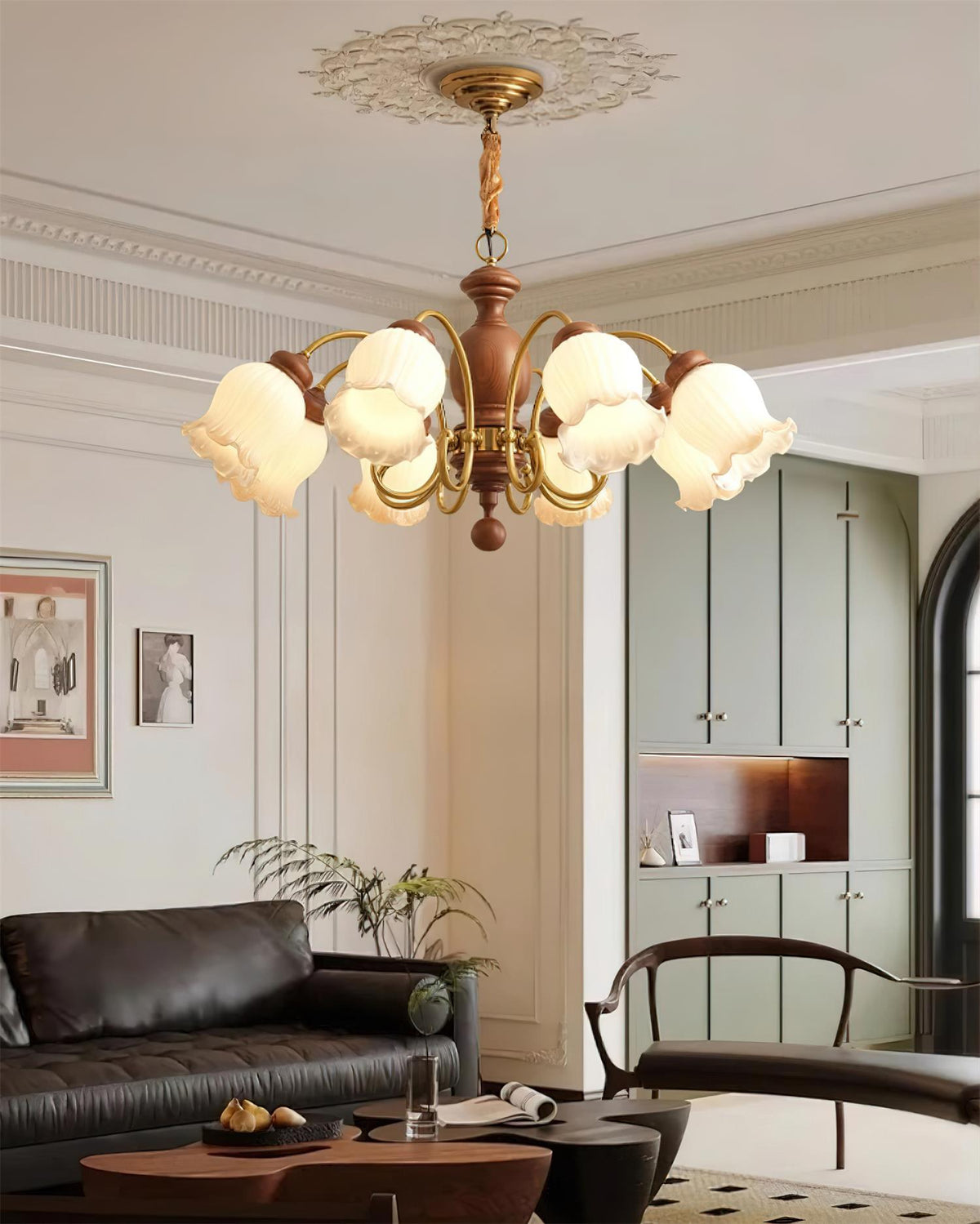 Lustre Abat-jours en Verre Tulipe Cadre en Bois de Noyer Style Rustique - Neutralighting