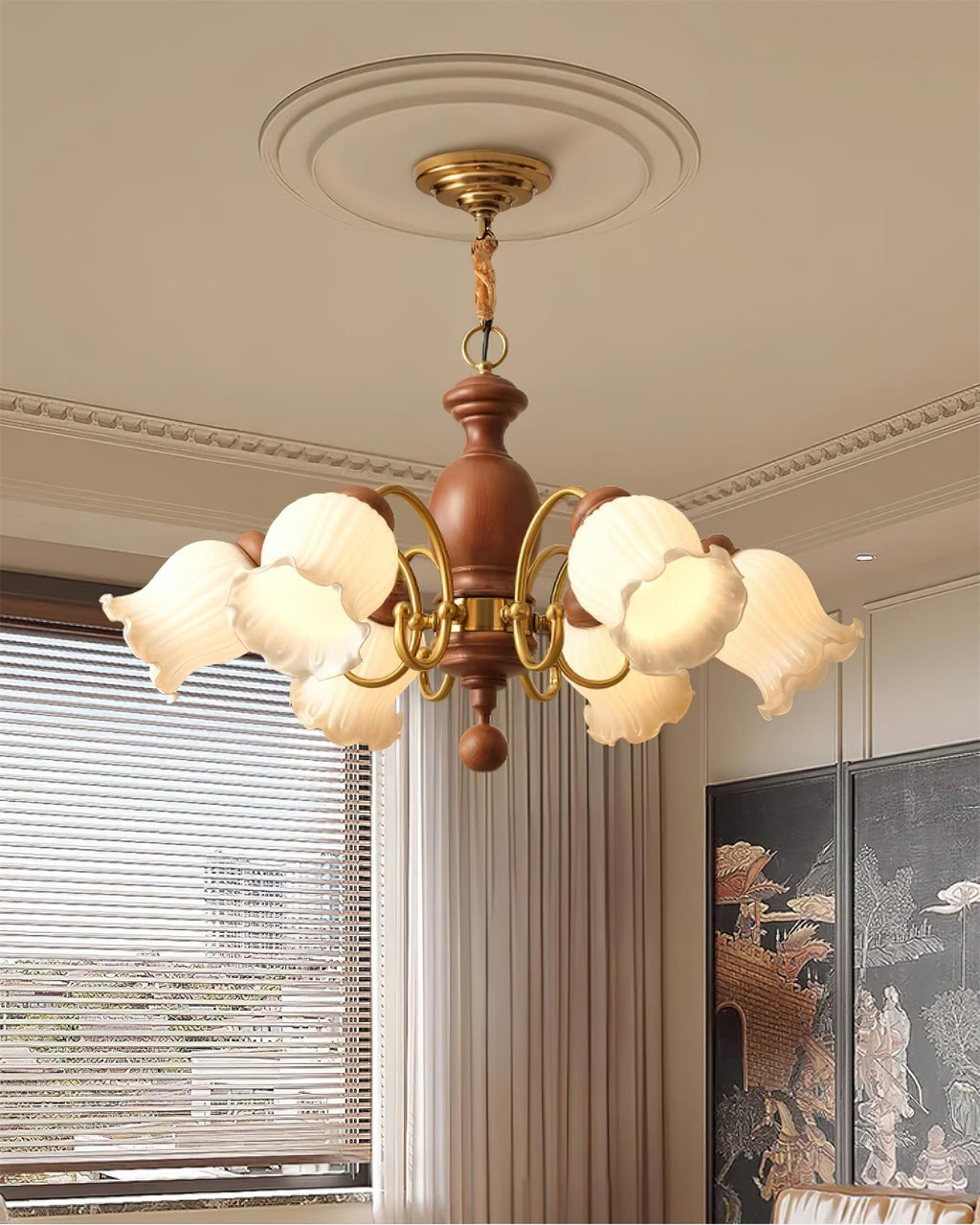 Lustre Abat-jours en Verre Tulipe Cadre en Bois de Noyer Style Rustique - Neutralighting
