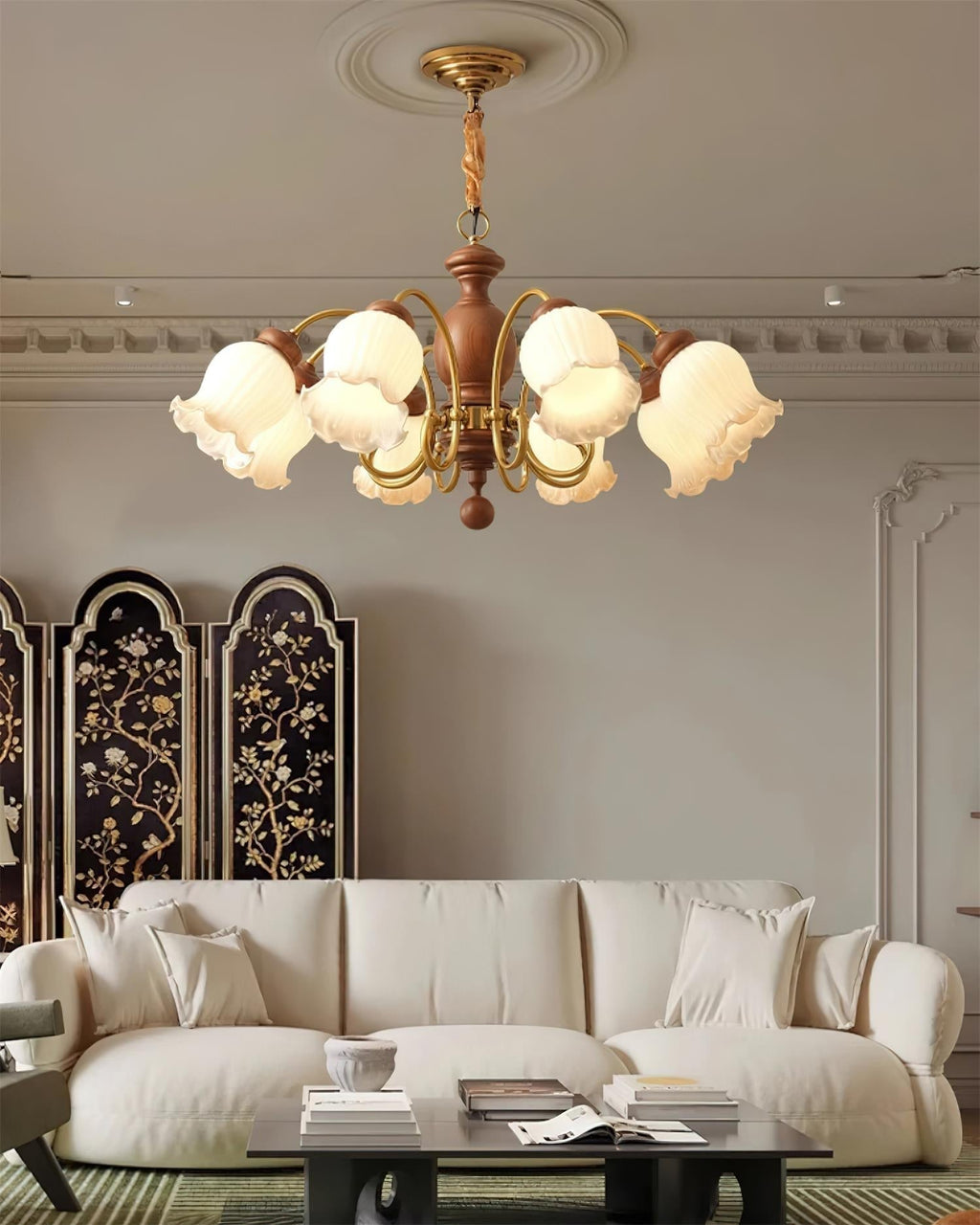 Lustre Abat-jours en Verre Tulipe Cadre en Bois de Noyer Style Rustique - Neutralighting