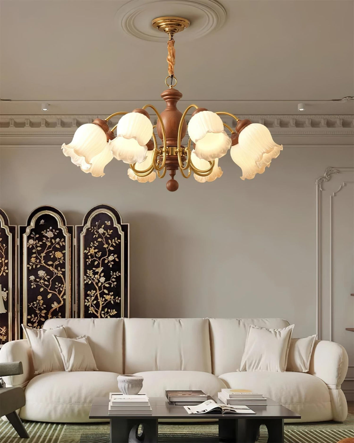 Lustre Abat-jours en Verre Tulipe Cadre en Bois de Noyer Style Rustique - Neutralighting