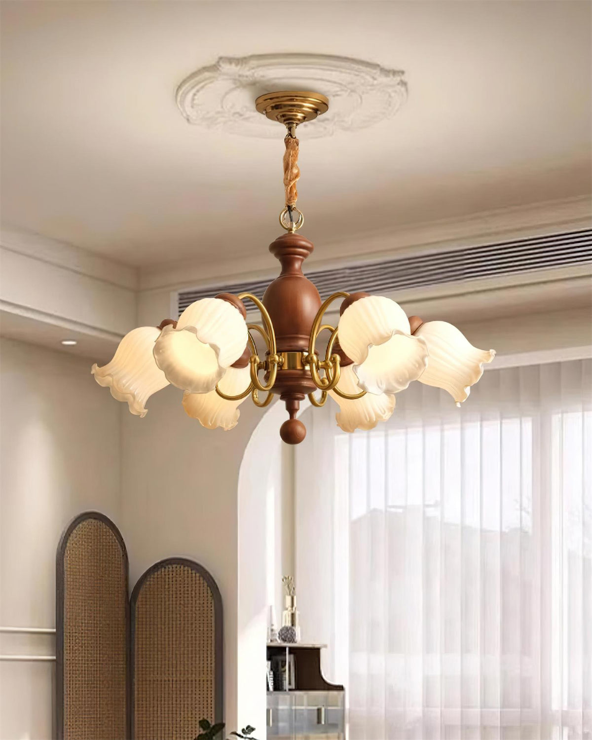 Lustre Abat-jours en Verre Tulipe Cadre en Bois de Noyer Style Rustique - Neutralighting