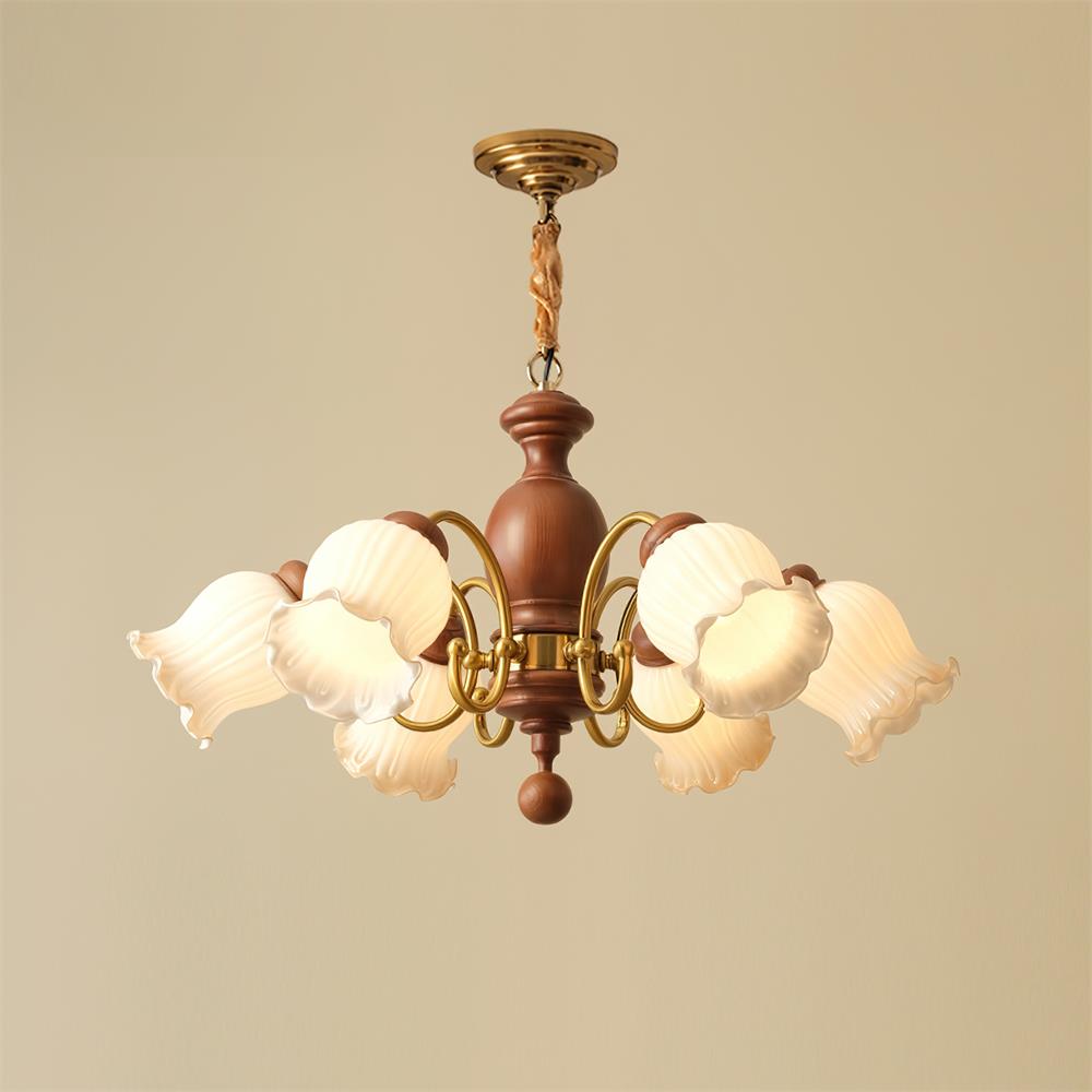 Lustre Abat-jours en Verre Tulipe Cadre en Bois de Noyer Style Rustique - Neutralighting