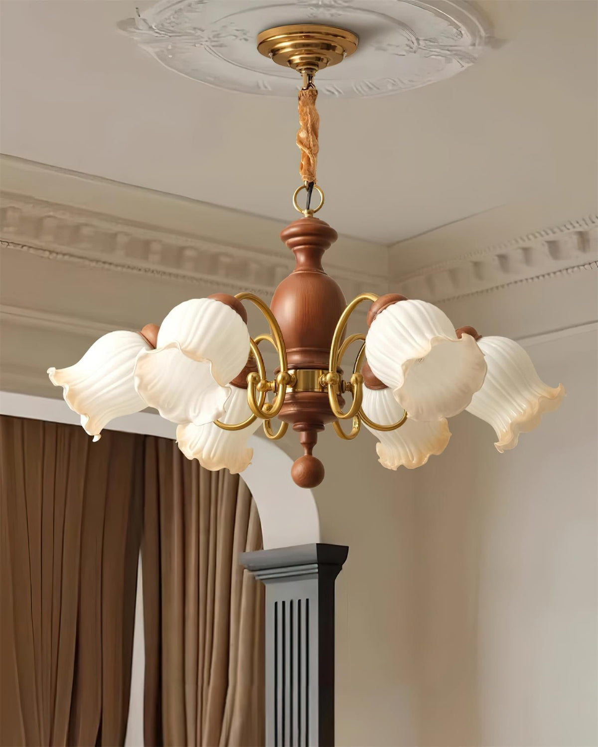 Lustre Abat-jours en Verre Tulipe Cadre en Bois de Noyer Style Rustique - Neutralighting