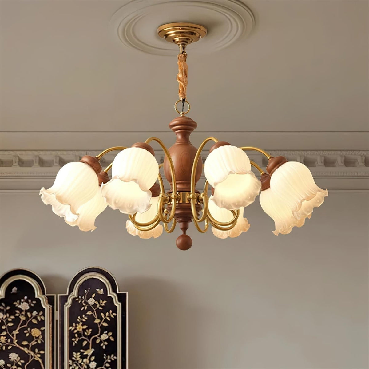 Lustre Abat-jours en Verre Tulipe Cadre en Bois de Noyer Style Rustique - Neutralighting