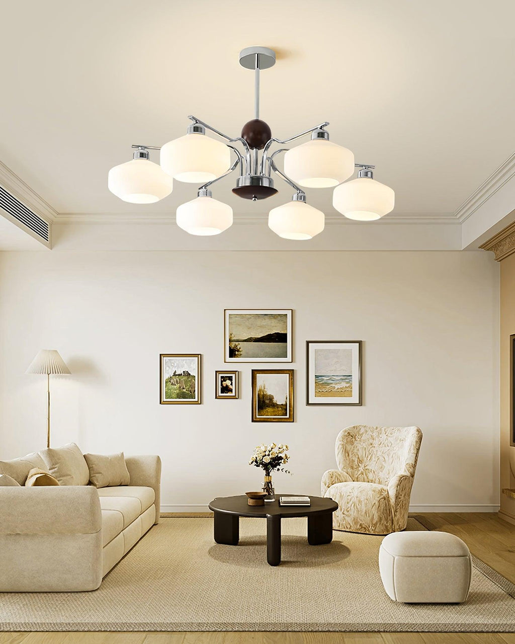 Lustra Lustre Bras en Chrome et Noyer Abat-jours en Verre Blanc Style Rétro - Neutralighting