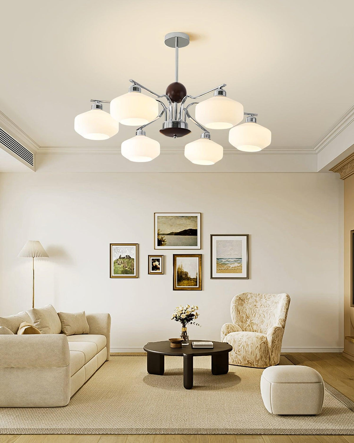 Lustra Lustre Bras en Chrome et Noyer Abat-jours en Verre Blanc Style Rétro - Neutralighting