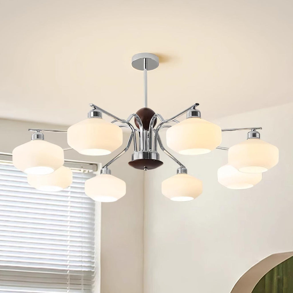 Lustra Lustre Bras en Chrome et Noyer Abat-jours en Verre Blanc Style Rétro - Neutralighting