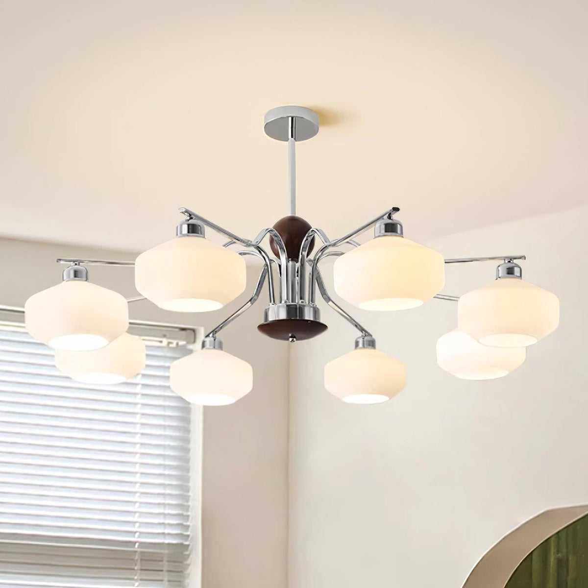Lustra Lustre Bras en Chrome et Noyer Abat-jours en Verre Blanc Style Rétro - Neutralighting